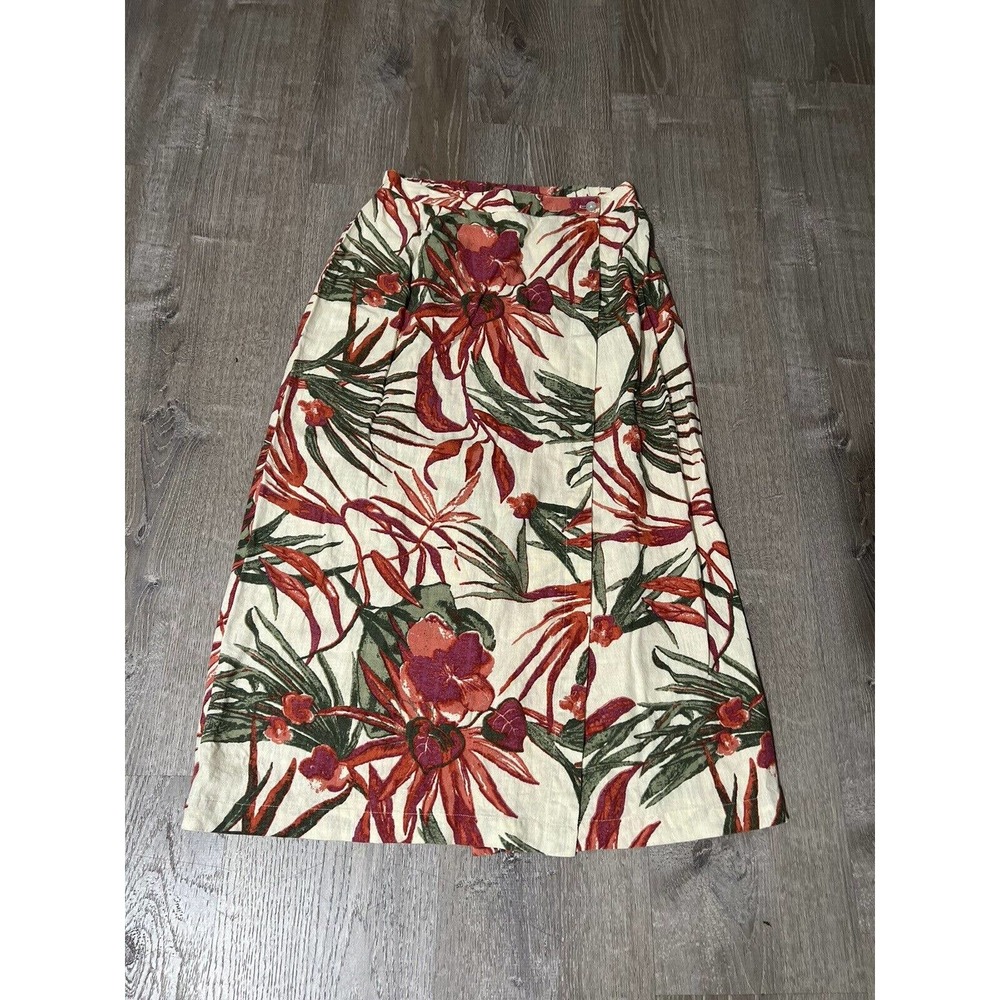 FRENCH LAUNDRY LINEN BLEND MAXI SKIRT FLOWERS OPEN SIDE LARGE EUC